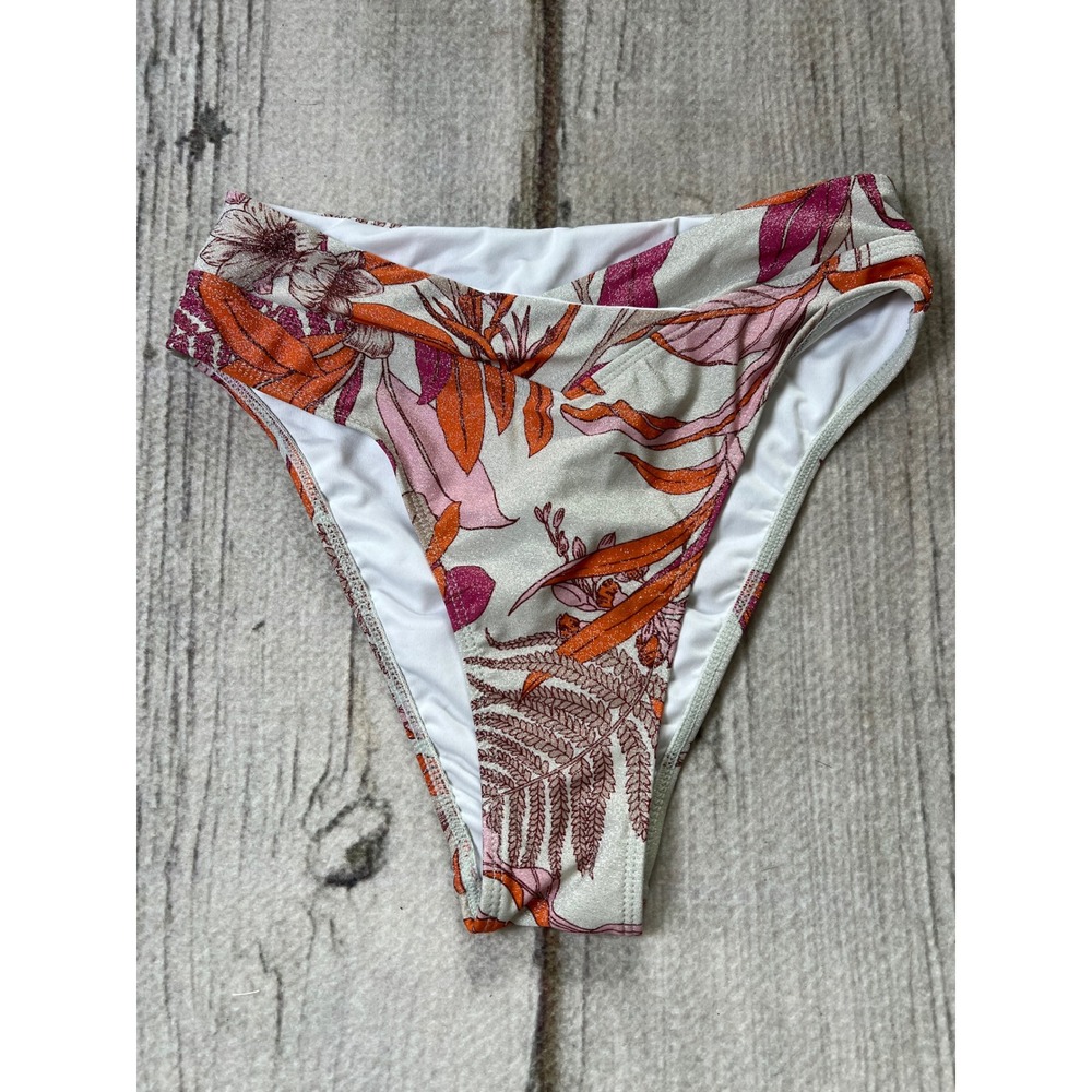 Cupshe Bikini Bottom Womens XS Orange Pink‎ Floral High Waisted Metallic Boho